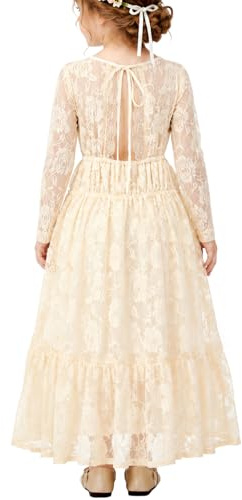ALLOVIN Abito Maxi in Pizzo a Maniche Lunghe per Bambine e Ragazze – Abito A-Line Boho per Matrimonio, Battesimo, Prima Comunione | Giallo Chiaro | 8-9 Anni