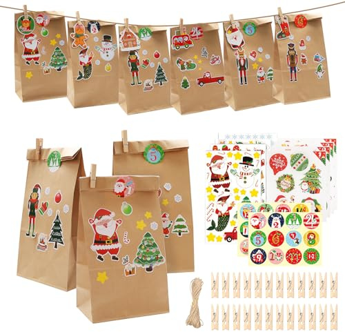 Calendario de Adviento para Rellenar - Calendario de Adviento de Navidad - 24pcs Bolsas Calendario Adviento de Navidad Bolsitas para Rellenar con pegatinas, pinzas de madera y cuerda de yute