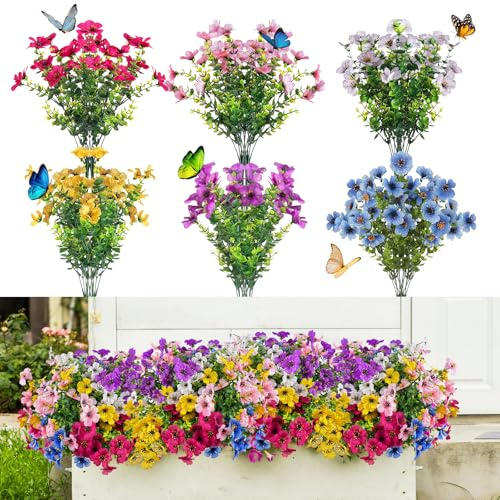 12 Bündel Künstliche Blumen, Balkon Kunstblumen, UV Beständig Balkonpflanzen Wie Echt, Frühling Künstlicher Blumenstrauß, Wetterfest Kunstpflanzen Außen Blumenstrauß Outdoor Seidenblumen für Innen