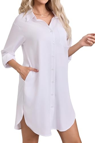 Enmain Womens Long Sleeve Shirt Dress Casual Button Up with Pockets S-3XL | Longline Blouses, Cotton-Polyester Blend, Plain Colour, Loose, Knee-Length, Side Pockets, Rounded Hem, Botton Up, Collar
