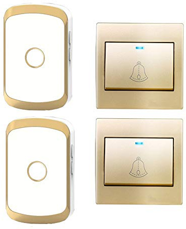 Sonnette sans Fil pour la Maison, kit de Carillon à Piles étanche IP44, 2 Boutons poussoirs + 2 récepteurs, portée 300 m, 36 sonneries, 4 Niveaux de Volume, doré, Blanc