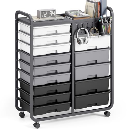 KINGRACK Rollcontainer mit 14 Schubladen, Arbeitsplatte, DIY-Stecktafel, Hängekorb und 4 Haken – Schubladenschrank Ideal für Büros, Wohnungen, Schulen, Klassenzimmer und Bastelbedarf (Grau)