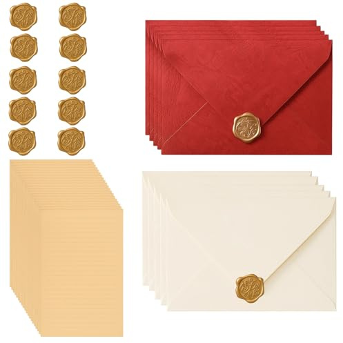 Briefpapier mit Umschlag 40 Stück Briefpapier Set mit 10 Umschläge und 10 Wachssiegel Selbstklebend und 20 A5 Briefpapier Vintage Papier Liebesbrief für Geburtstag Hochzeits Einladung Grußkarten