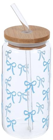 DIYEAH Heat-Resistant Glass Tumbler with Cute Bow Design Clear Drinking Cup with Lid and Straw for Hot Coffee and Cold Juice Large Capacity Travel Outdoor Water Bottle Straw