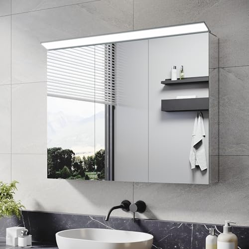 ELEGANT Bathroom Mirror Cabinet with LED Makeup Light, 800 x 600 mm | Fully Assembled, HD Imaging, Stainless Steel, Triple Door Wall Mounted Bathroom Cabinet with Mirror, Modern Storage Cupboard