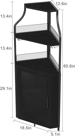 Garvee Mobile bar angolare salvaspazio per sala da pranzo o cucina - Credenza porta vino con portabicchieri, ripiano staccabile e anta a rete - Ampio spazio contenitivo - Colore: nero