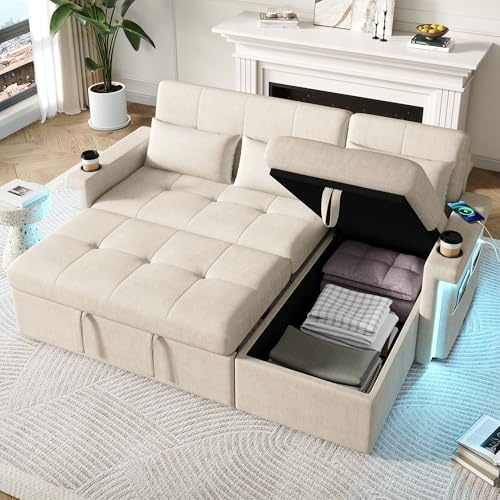 Oxtao Sofá en forma de L, convertible en sofá cama con función de dormir, iluminación LED y puertos USB, respaldo ajustable con cojines y bandeja para bebidas, espacio de almacenamiento, chenilla