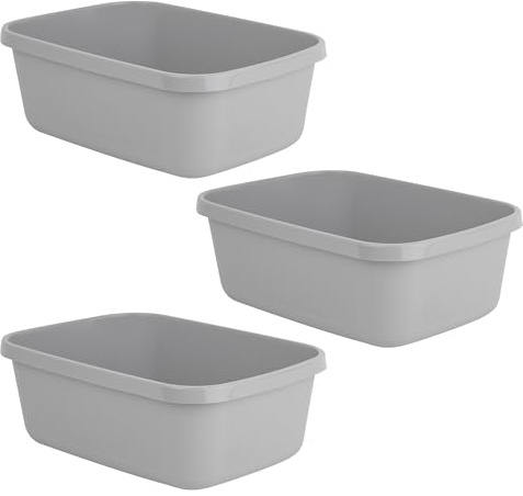 M1SS Set of 3 Rectangular Kitchen Washing Up Bowls 9.5 Litre – Cool Grey Plastic Sink Basins – Easy Clean Dish Washing Tub for Home, Caravan & Utility Room – 37.5 x 27 x 13.5 cm