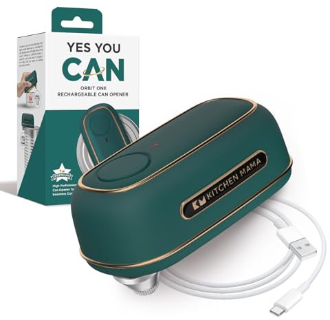 Kitchen Mama Orbit One - Abrelatas eléctrico recargable: manos libres, carga USB-C, parada automática, borde liso, seguridad, hoja para latas grandes, resistente, con caja de almacenamiento (esmeralda