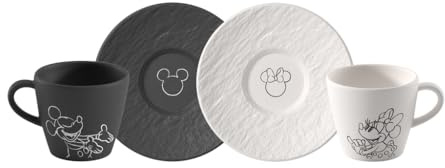 Villeroy & Boch Manufacture Rock – Mickey Mouse – Espressotasse mit Untertasse, 4-teilig, schwarz/weiß, spülmaschinenfest & mikrowellensicher, Schieferoptik mit Disney Mickey Mouse Dekor