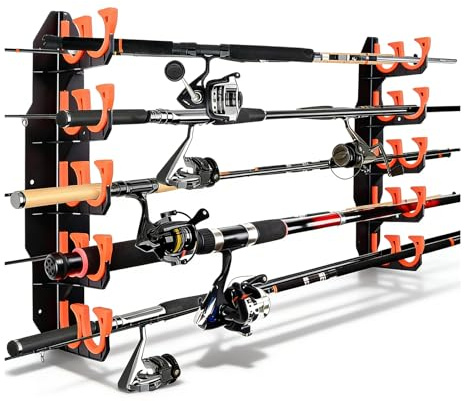 Nimblyne Angelrutenhalter Wand: Praktisch Fishing Rod Rack für die Garage 10 Ruten, Horizontale Angelrutenhalter für Garage Angelausrüstung als Geschenk für Herren (1, Orange)