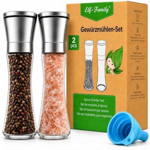 Elf-Family Salz und Pfeffermühle 2er Set, Pfeffermühle und Salzmühle mit Keramikmahlwerk, Stufenlos Einstellbar, Großes Fassungsvermögen, Manuelle Gewürzmühle für Salz, Pfeffer und Gewürze, 19,2 cm