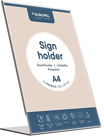 Europel Tischaufsteller A4 Acryl - Schräg & Glasklar - L-Form DIN A4 Hochformat - Menükartenhalter und Schilderhalter - Werbeaufsteller
