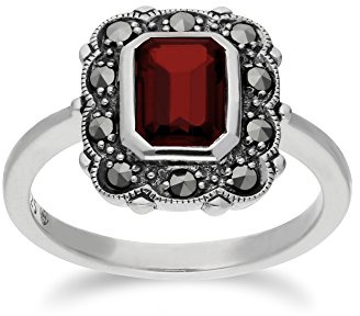 Gemondo Granat Ring, Sterling Silber Granat & Markasit Oktagon Jugendstil Ring - Garnet