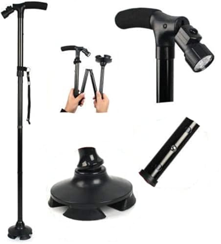 ADS Medicare Bastone da passeggio regolabile , pieghevole ed antiscivolo con base a LED a luce libera Nero