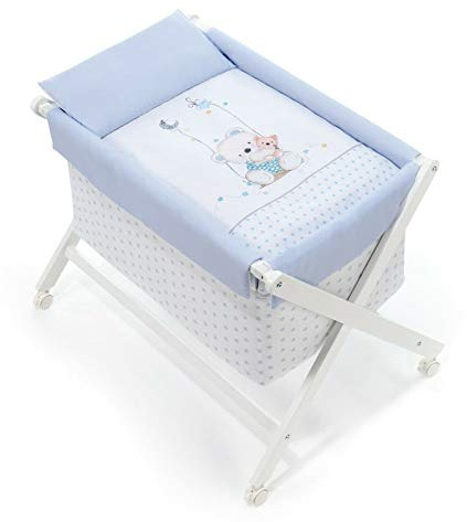 Danielstore Minicuna Plegable | 90x55x72 cm, Madera lacada, colchón Incluido | Ruedas con Freno, Textil algodón, fácil Montaje | Confort y Seguridad para bebé (Oso Columpio Azul)