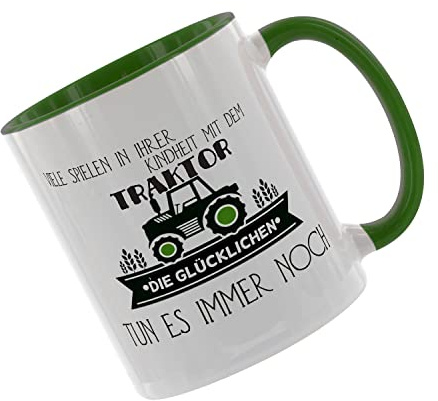 Crealuxe Kaffeetasse 'Viele spielen in der Kindheit mit einem Traktor' bedruckt, Spruchtasse, hochwertige Keramiktasse (Grün)