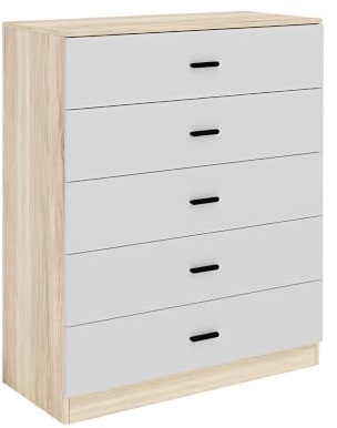 URBNLIVING 4 or 5 Drawer Wooden Chest of Drawers Bedroom Storage Cabinet with Black Metal Handles, Wide Modern Cupboard with Metal Runners, Mix & Match Carcass & Drawer Colours (Oak+White, 5)