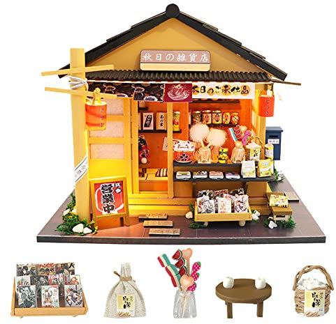 erhumama Miniatur-japanischer Lebensmittelgeschäft Puppenhaus LED Kits DIY Holzladen Möbel Modell Puzzle Spielzeug Kinder Geburtstagsgeschenk
