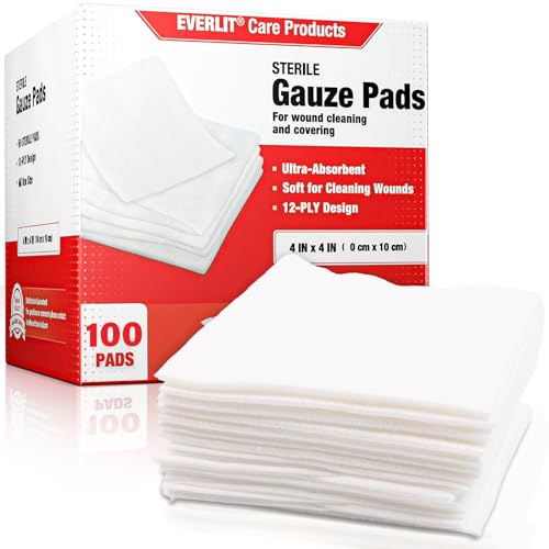 EVERLIT [Extra-Thick] 4''x4'' Sterile Gauze Pad 12-Ply, 100 Pack, Individual Wrapped, Ultra Absorbent Large Non-Woven Medical Gauze Sponges for Wound Care Home First Aid Kit