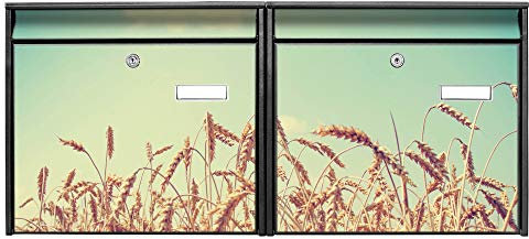 banjado Briefkastenanlage 2 Fach - 2 Briefkästen 72x32x10cm groß - Doppelbriefkasten Set - Namensschild, 2 Schlüssel, Montagematerial - Stahl verzinkt schwarz - Motiv Erntezeit