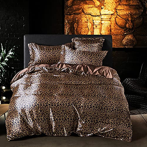 ErZhuiZi Luxury Satin Silky Duvet Cover Set with Fitted Sheet 4pcs Silk Bedding Set with 2 Pillowcases Leopard Print Comforter Cover,LeopardPrint-King