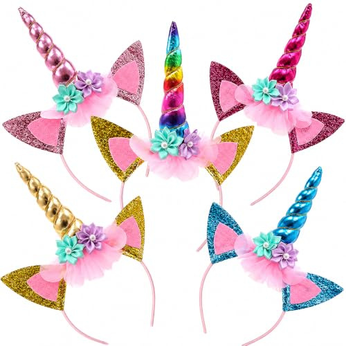 LUKIUP Einhorn Stirnband, 5 Stück Unicorn Horn Stirnband mit Ohren und Blumen, Einhorn Geburtstag Haarreif, Haarschmuck für Ostern Geburtstag Party Karneval, Head Accessoires Party Dekoration