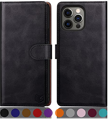 SUANPOT [RFID Schutz für iPhone 13 Pro 6,1-Zoll Hülle PU Leder Handyhülle Lederhülle Klapphülle Kartenfach Flip Cover für Apple 13 Pro Handy hülle Leather Wallet Phone Case Schwarz