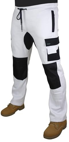 HASHOOB Mens Fleece Work Trousers Painters Decorators White Cargo Combat Pants WF-01 (White-FL3, M)