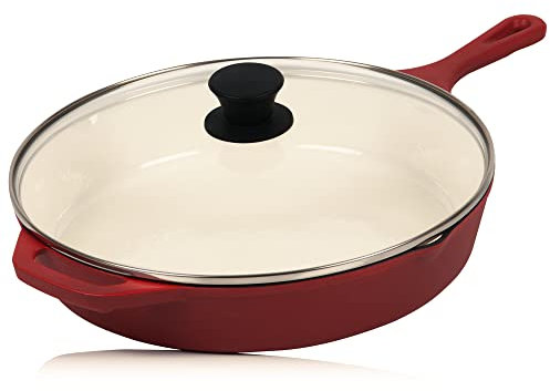 Mahlzeit Gusseisenpfanne mit Deckel emailliert | Ø 29,5 cm | Dark Cherry | Bratpfanne mit zwei Ausgießern | Grillpfanne Deckel, Universalpfanne, Gusspfanne, Bratpfanne mit Deckel, Hoher Rand, Pfannen