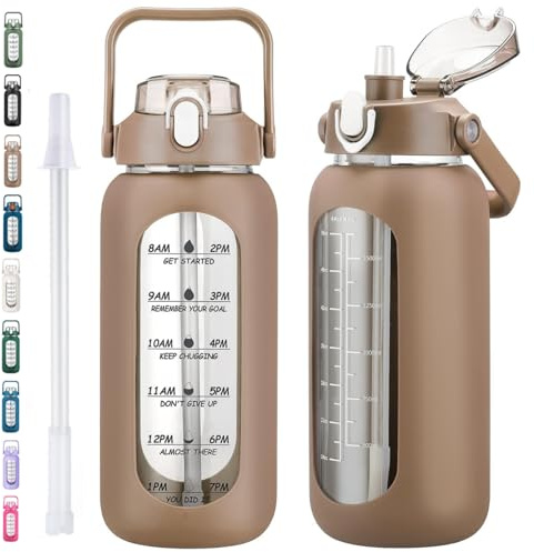 kytffu 64oz Glass Water Bottles with Straw, Half Gallon Motivational Glass Bottle with Silicone Sleeve and Time Marker, 2L Leakproof Large Glass Water Jug for Gym Home Office,Amber
