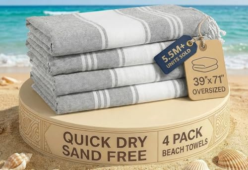 LANE LINEN Turkish Beach Towels 4 Pcs, Super Absorbent, Lightweight - Alloy
