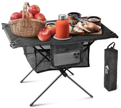 ZUNE LOTOO Portable Camping Table Folding, Small Beach Table Foldable with Drink Holder & Mesh Storage & Carry Bag Compact Camp Tent Side Table for Picnic Tailgate Travel Outdoor Fishing Backpacking