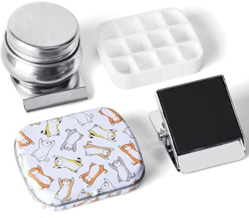 Portable Mini Tin Box,12-Well Empty Watercolor Palette,Small Paint Storage Travel Artist Outdoor Sketch Watercolor Kits with Magnetic Clip and Oil Pot .Lying Cat