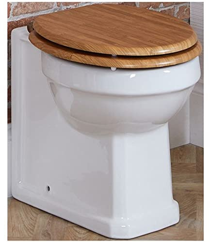 MILANO Comfort Height Back to Wall Toilet Pan Oak Effect Seat Gold Hinges