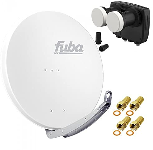 Digital Sat Anlage 2 Satelliten Astra/Hotbird - 2 Teilnehmer | Fuba DAA850W Sat Schüssel 85cm weiß + DUR-line MB6-TW Monoblock Twin LNB 6° (DVB-S2, HDTV, 4K/8K, 3D) + 4xF-Stecker vergoldet