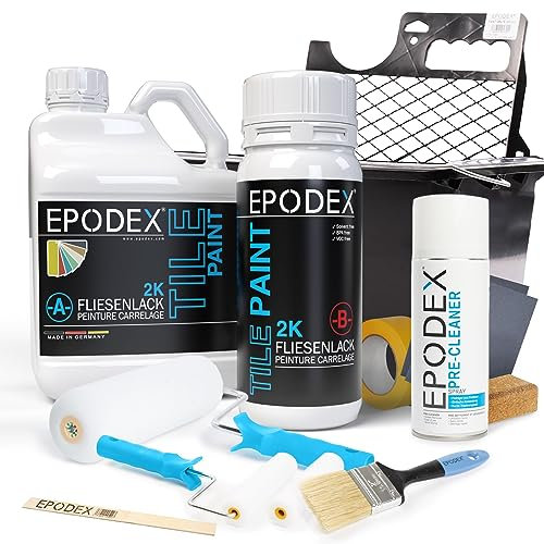 EPODEX 2K TILE PAINT | Vernice per piastrelle | Set di accessori | 45 colori bianco colorato | inodore senza solventi, resistente all'abrasione, 3, 6kg (18m²)