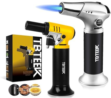 TBTeek Dual Blow Torch with Visual Fuel Gauge, One-Hand Operation Butane Torch with Safety Lock & Continuous Flame, Adjustable 2500°F for Kitchen, BBQ, Soldering (Gas Not Included)