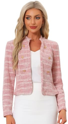 Allegra K Blazer vintage de tweed para mujer, cuello alto, para trabajo y oficina, con apertura frontal, chaqueta corta, rosso, S