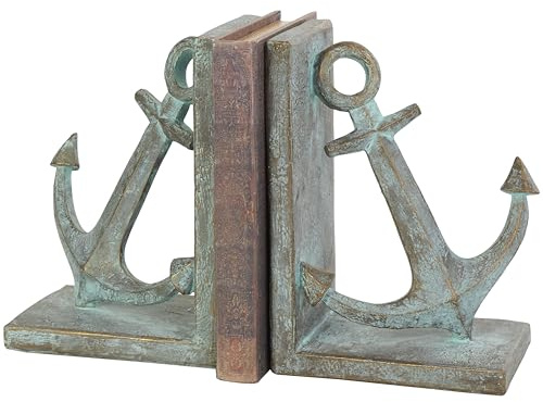 Deco 79 Polystone Anchor Decorative Bookends Distressed Patina Non Skid Bookends with Gold Foil Accents, Set of 2 Office Bookends4'W, 8'H, Blue