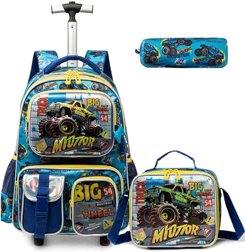 Egchescebo Kids Rolling Backpack for Boys Car Suitcases Trolley Roller Luggage Backpacks on Wheels with Lunch Box Pencil Case for Elementary Multiple Function Pockets Travel school Bag Yellow