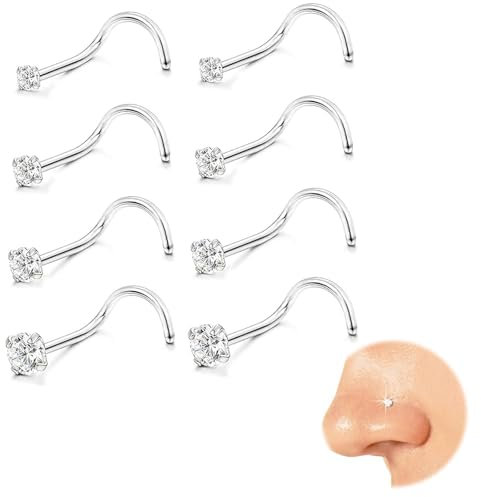 Kabwea 8 Stück 316L Nasenpiercing Steck, Chirurgenstahl, Hypoallergen, Nasenstecker, Piercing Nase, Nasenpiercing, Nostril Piercing, 1.5mm, 2mm, 2.5mm, 3mm