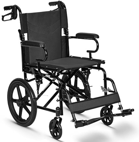 Lightweight Folding Wheelchair - Travel Friendly Foldable Transit Wheel Chair - Adjustable Footrests, Lock Lever Brakes, Dual Parking Brakes - Black, Wide 20 Seat