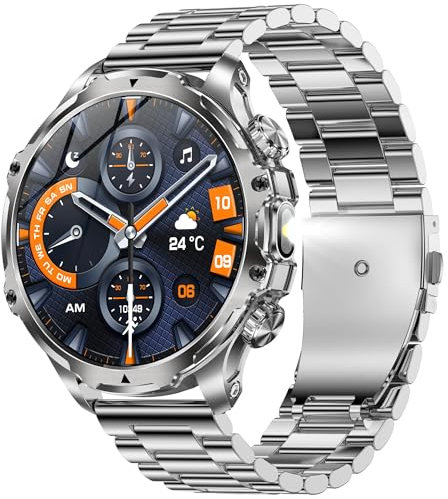 1.85 Inch AMOLED Men's Smart Watch with Bluetooth Call, Torch, 800 mAh Battery, 5ATM Waterproof Smartwatch with 100+ Sports Modes, Sleep, SpO2, Activity Tracker for iOS Android (Silver Steel)