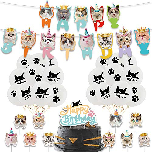Pet Cat Party Decoration Set, Cat Birthday Balloon Decoration, Cat Birthday Party Supplies Includes Cat Balloon Birthday Banner Cat Cake Topper - 32PCS