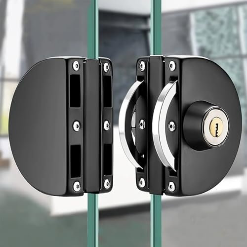 Emiif - Cerradura de puerta de cristal sin taladrar, acero inoxidable negro, doble pernos curvados, cerradura de armario con 3 llaves para puerta templada de 10 a 13 mm de grosor