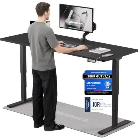 DESKSPACE PRO Plus Elektrisch höhenverstellbarer Schreibtisch (200x80 cm) | Bürotisch mit Kollisionsschutz, Memory-Funktion, USB-Anschluss, 10 Jahre Garantie (Gestell schwarz, Tischplatte schwarz)