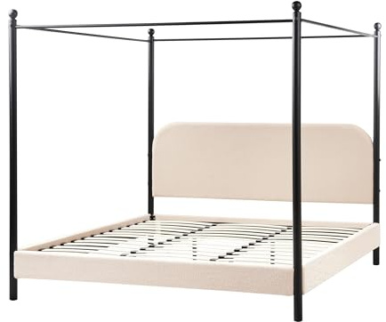 Beliani Cama con Dosel de Metal Negro Retro Minimalista somier de Listones Madera de álamo tapicería de bouclé Beige 180 x 200 cm Dannemois