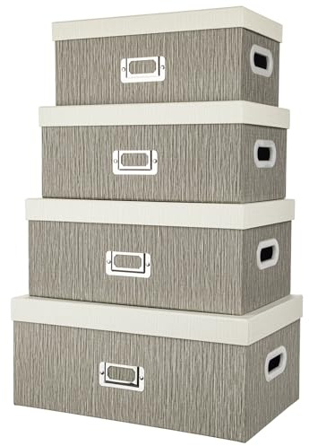 Hollyone 4er Set Aufbewahrungsboxen mit Deckel Karton Dekorative Boxen mit Grifföffnungen Rechteckige Stapelbaren Aufbewahrungsbox-Set für Bücher, Kleidung, Organisation zu Hause