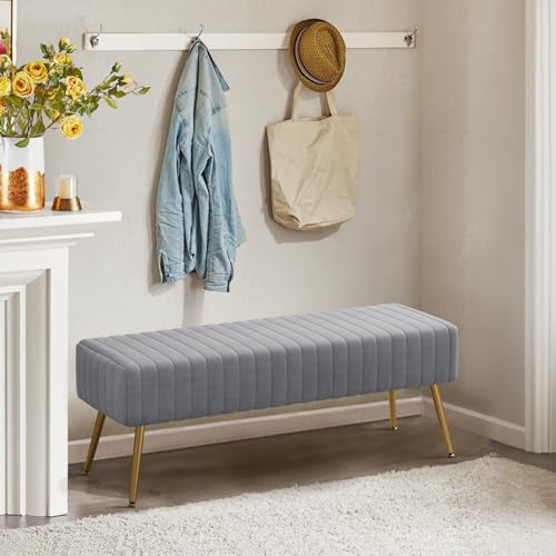 Ckaff Sitzbank Flur Schlafzimmerbank 113.5cm, Esszimmerbank, Bettbank Flurbank, Fußbank, Polsterbank, Schminkbank Schuhbank mit Metallbeinen aus Samt für Schlafzimmer Wohnzimmer Flur, Grau